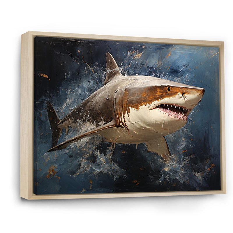 Underwater Shark attack I - Shark Large Wall Art, 34" H x 44" W x 1.5" D, Brown Floater Framed