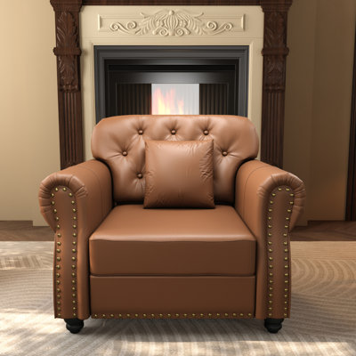 Canapé de 41,3 po rembourré en similicuir avec garniture cloutée et accoudoirs roulés, canapé Chesterfield de style Mid-Century avec capitonnage à boutons, 1 oreiller inclus, brun