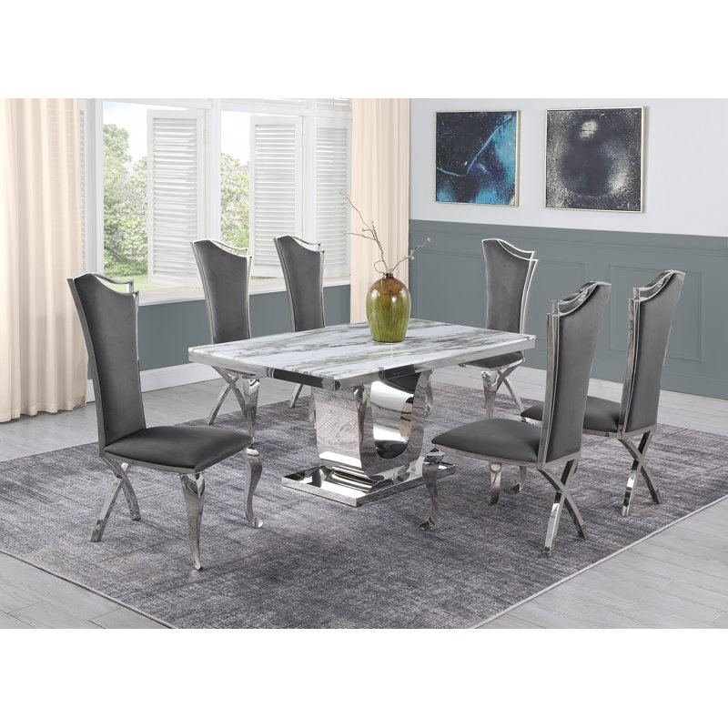 Amias Marble Top Pedestal Dining Set, Dark Gray, White/Silver, 7