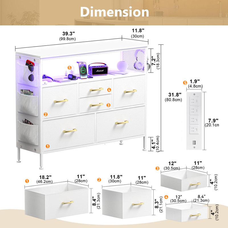 Commode blanche pour meuble télé 6 tiroirs - station de charge et commodes à DEL et commodes