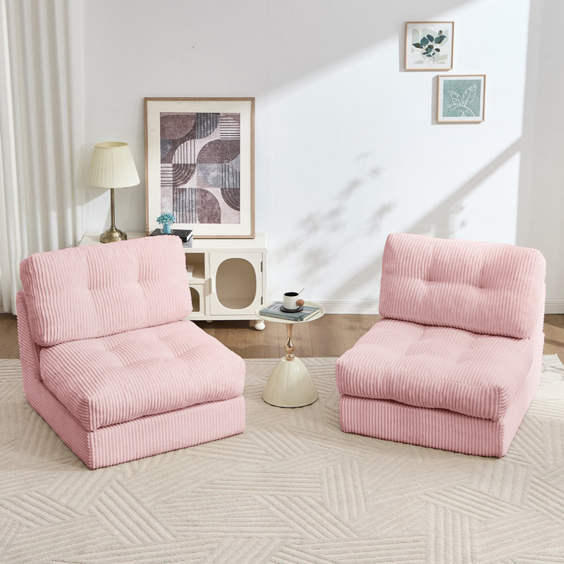 Boneless 8.3" Futon Mattress, Folding Sofa Bed,Modern Corduroy Upholstered Sofa - Comfortable Accent Chair,Set Of 2, Pink