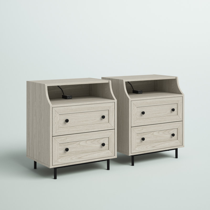 Tables de chevet 2 tiroirs Minot avec double port USB, Bouleau