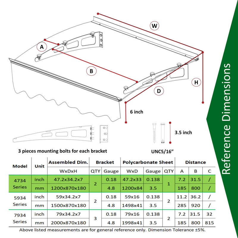 Auvent pour fenêtre DA4734W en tôle de polycarbonate de 0,137 po d'épaisseur et en alliage d'aluminium avec cantonnière de 47 po de largeur x 34 po de profondeur