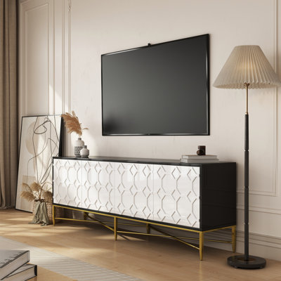 Black And White Four - Door Tv Stand, Ample Storage For Living Room Video Games, Load Bearing Structure Modern Cabinet, Doors Gaming Consoles Storage, Strong Structural Stability