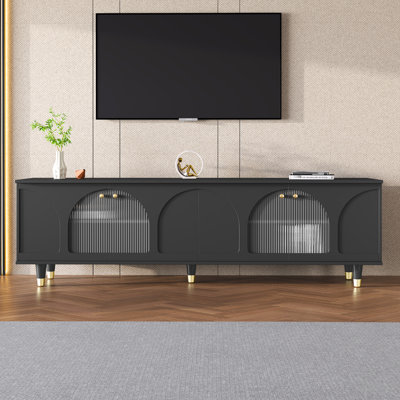 Meuble télé contemporain pour salon, porte en verre cannelé de 78 po, tablettes réglables, console média noire et dorée, noir, doré, pièce
