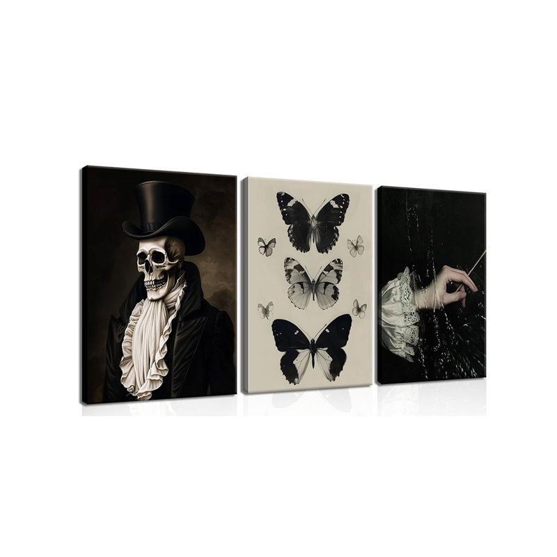 Dark Academia Wall Art, Moody Gothic Canvas Prints Wall Decor Paintings, Victorian Creepy Skull and Moth Posters Pictures Artwork for Bedroom Living Room 12x16 Inch Framed