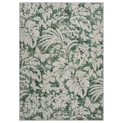 Tapis à feuilles douces à motif botanique - doux, lavable, antidérapant, résistant aux marques et pliable - idéal pour le salon, la chambre à coucher et la cuisine - ton vert, 9 x 12