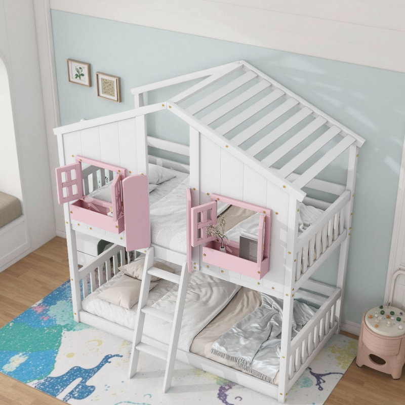 Kids Imaginative Playhouse Bunk Bed with Ladder and Safety Guardrails Safe Sleep, Pink White
