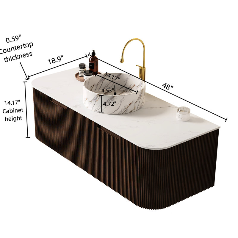 Meuble-lavabo 48 po, lavabo rond en céramique blanche, motif de pierre, noyer foncé, 2 tiroirs, glissières de tiroir à fermeture en douceur avec lavabo, armoire, pré-assemblé, glissières, rangement spacieux, comptoir, facile