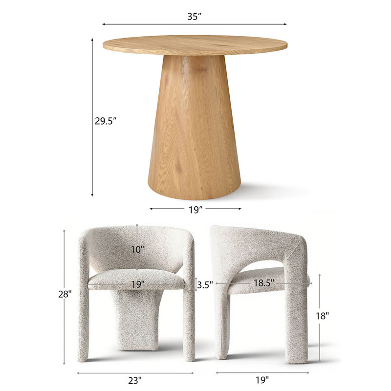 3-Piece Round Dining Table Set With Upholstered Armchairs, Oak