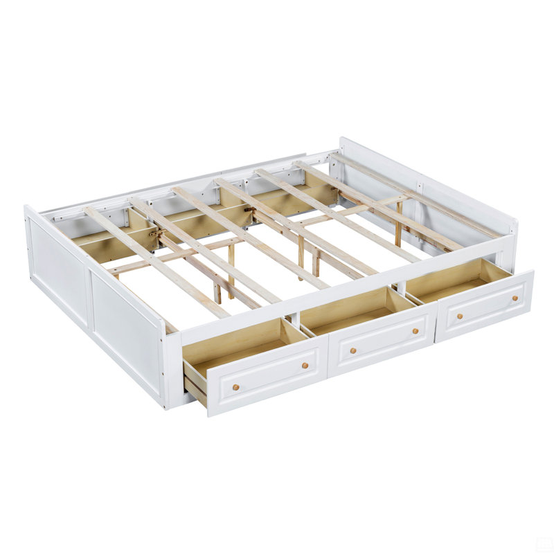 Structure de lit plateforme en bois avec 6 tiroirs, Blanc