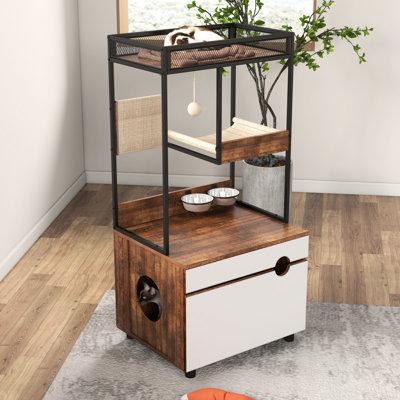 Tour pour arbre à chat avec bac à litière - Armoire fonctionnelle pour salle d'étude dans des maisons pour animaux de compagnie blanches de style rétro multifonctionnelles et élégantes