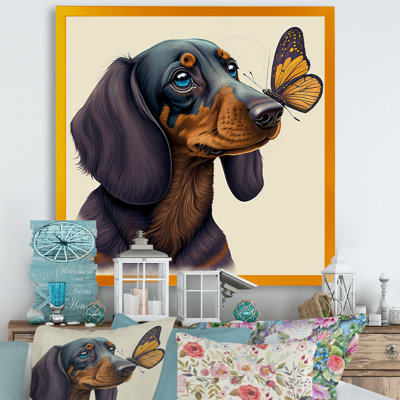 Caricature de bachshund avec papillon - reproduction sur toile