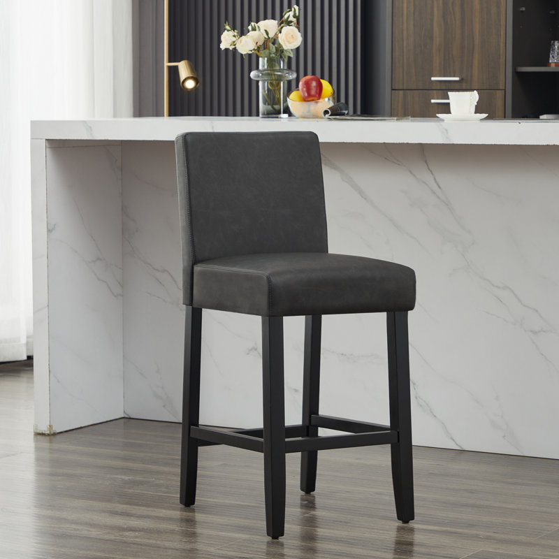 Upholstered Bar & Counter Stool With Solid Wood Frame, Black/Faux Leather, Counter Stool (26” Seat Height), 2