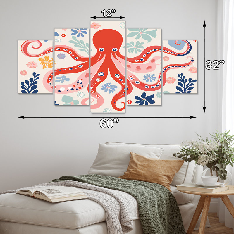 «Riordan - Octopus Animal Wall Art for Living Room», 5 pièces, 32" H x 60" W