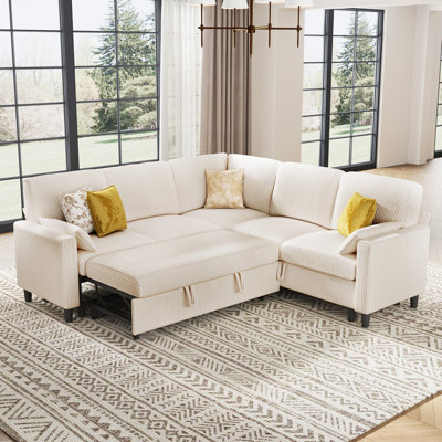 Modular Sectional Sleeper Sofa with Pull Out Bed, 5 Seat L-Shaped Corduroy Couch with Storage, Modern Cloud Couch for Living Room, Beige
