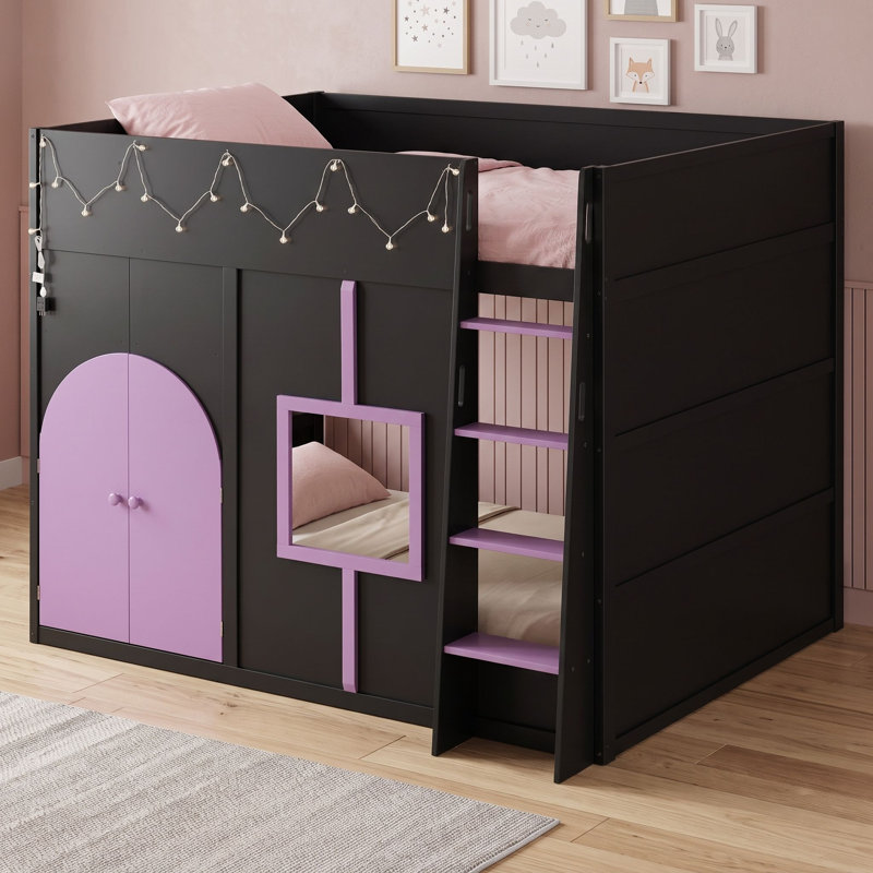 Lit mezzanine en bois avec guirlande lumineuse et échelle, Black