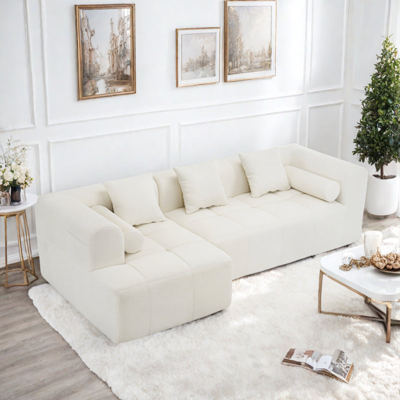 Full-compressed Sofa Modular Sofa Couch With Deep Seating, Two Side Pockets, Three Square Pillows, 2 Cylindrical Pillows And Tufted Design