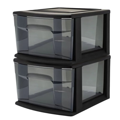 Homz Plastic 1 Drawer Wide Storage Cart, Black Frame with Clear Drawer, 2 Pack