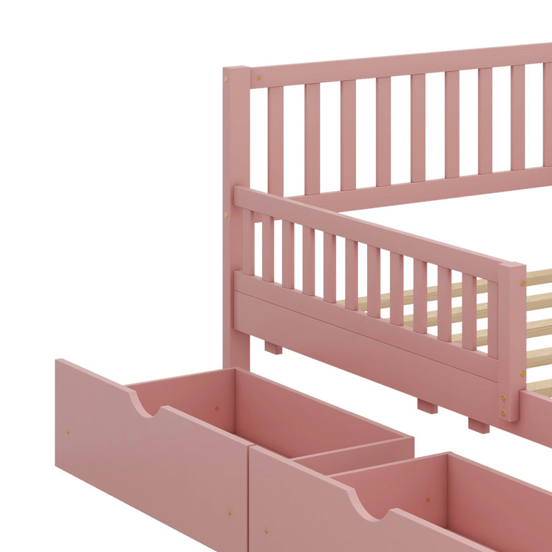Lit plateforme simple en bois avec garde-corps des deux côtés, incluant deux tiroirs de rangement, Rose