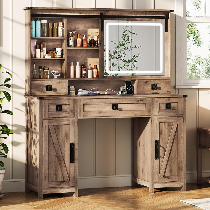 Bureau de maquillage avec lumières, table de coiffeuse 47,2 "avec miroir coulissant et station de charge, grand bureau de maquillage avec 5 tiroirs et 2 armoires, chêne rustique