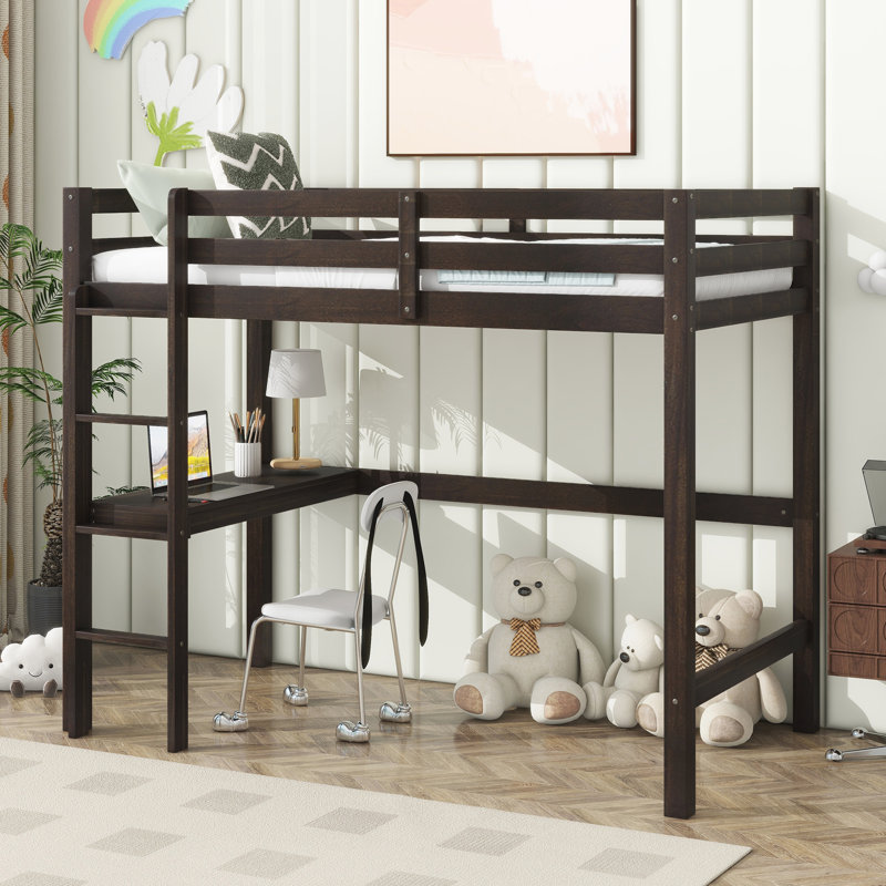 Twin High Loft Bed, Rubber Wood Loft Bed with Safety Guardrail, built-in desk, ladder,Espresso, Espresso