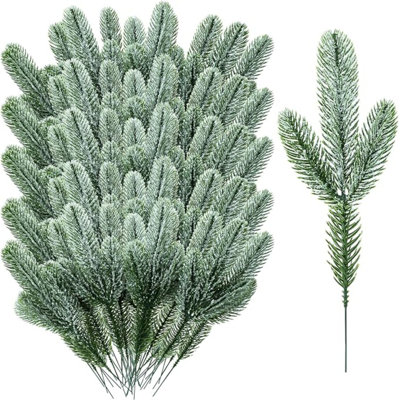 50 pièces de pin artificiel, branches, guirlande, plantes vertes, aiguilles de pin, choix de Noël, fausse verdure de Noël pour décoration de jardin, 6,7 x 2,4 pouces (style recouvert de neige)