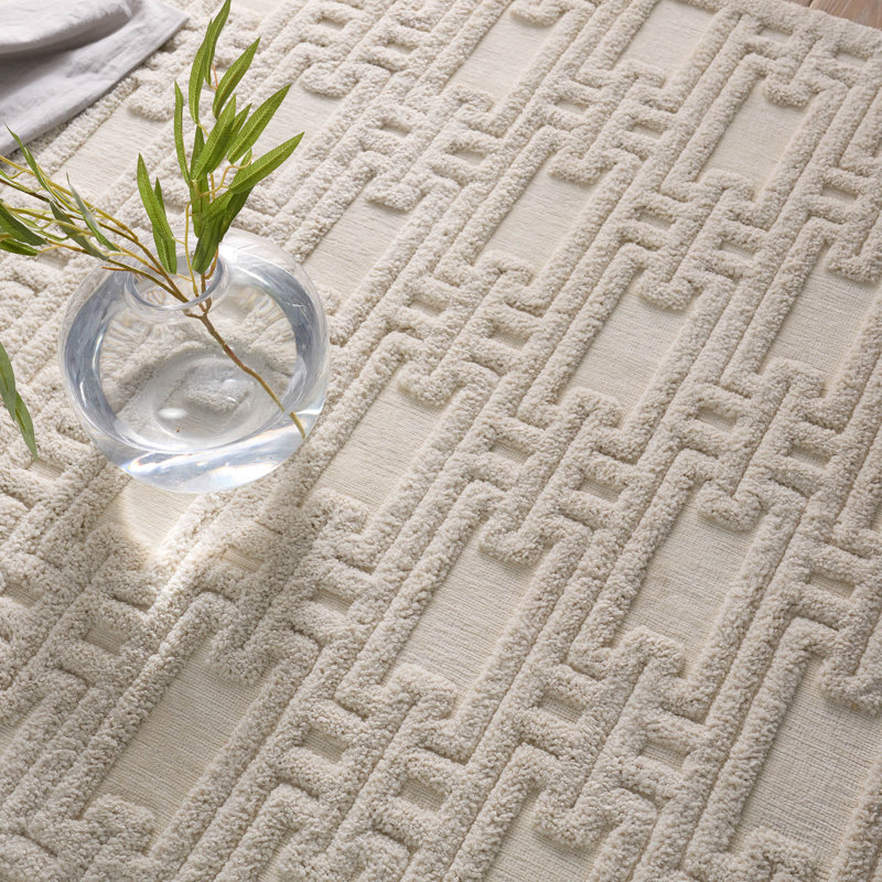 Cream Geometric Chenille Rectangular Area Rug