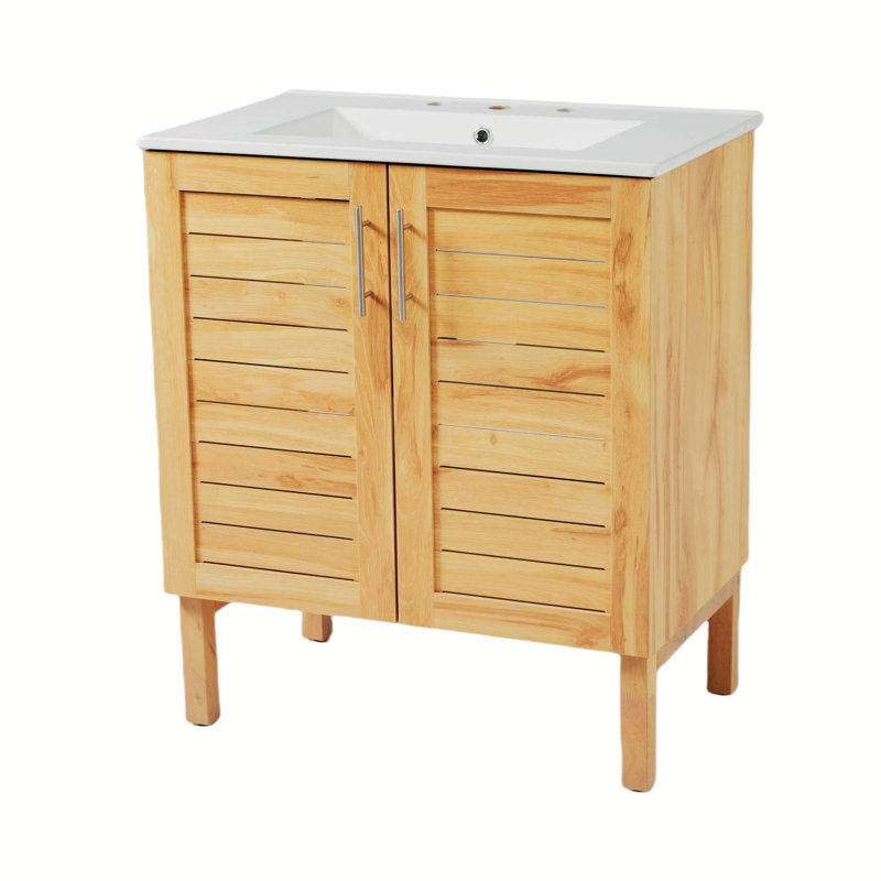 Meuble-lavabo avec lavabo en céramique, meuble-lavabo avec 2 portes à fermeture en douceur, meuble-lavabo simple autoportant pour la maison, rangement pour la salle de bain