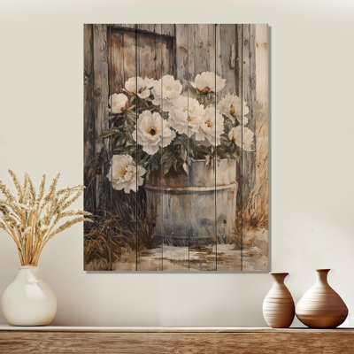 Pivoines au bord de l'eau gelée - Décoration murale en bois de pivoines - sur bois de pin naturel