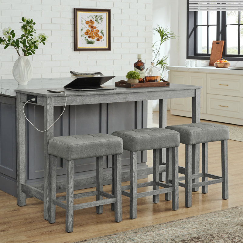 Bar Sofa Table With Power Outlet, 4 Piece Bar Table And Chair Set With Upholstered Stools, Gray, Gray/Gray