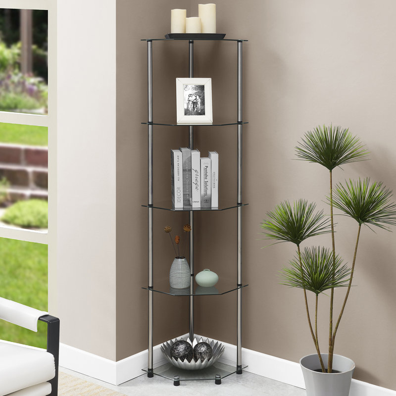 Bibliothèque d'angle en verre avec poteaux en acier inoxydable Beckett