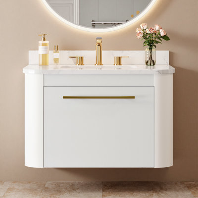 Meuble-lavabo mural simple flottant 30 po avec plateau en pierre reconstituée, 30 po, blanc