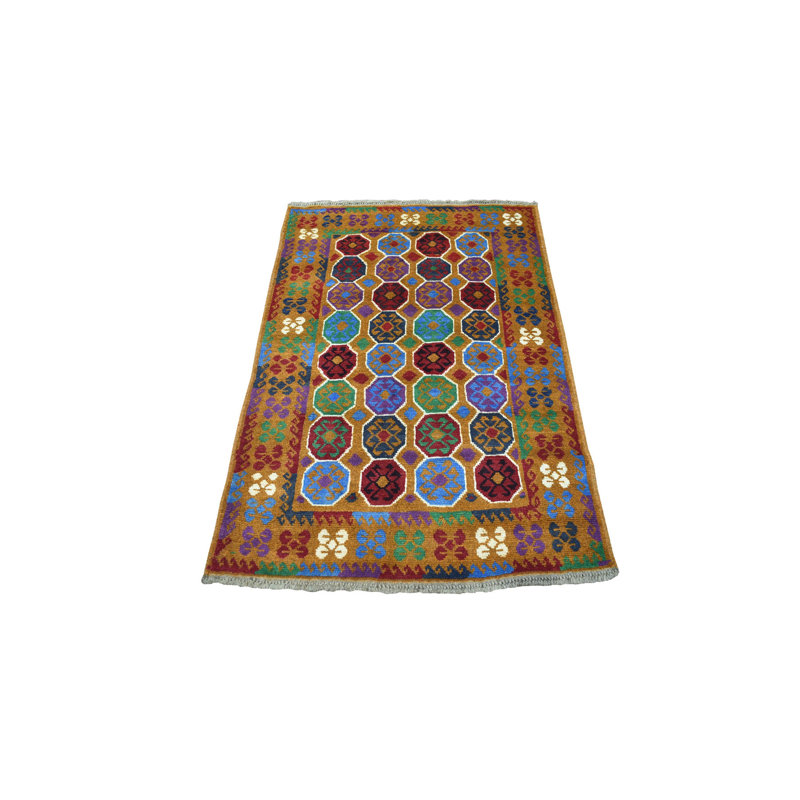 Tapis de zone en laine brun/rouge/vert lumières 3 pi 6 po x 4 pi 9 po one-of-kind-noué la main