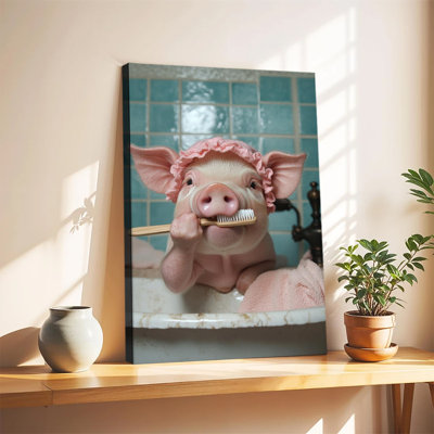 Charmant petit cochon se brossant les dents dans une baignoire vintage, bonnet de douche rose, salle de bain carrelée de bleu rétro, grande toile tendue sur châssis pour salon ou chambre