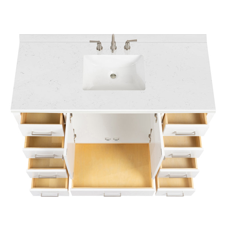 Cambridge 54.25'' Single Bathroom Vanity with Carrara Quartz Top, White/Brushed Nickel, Rectangular