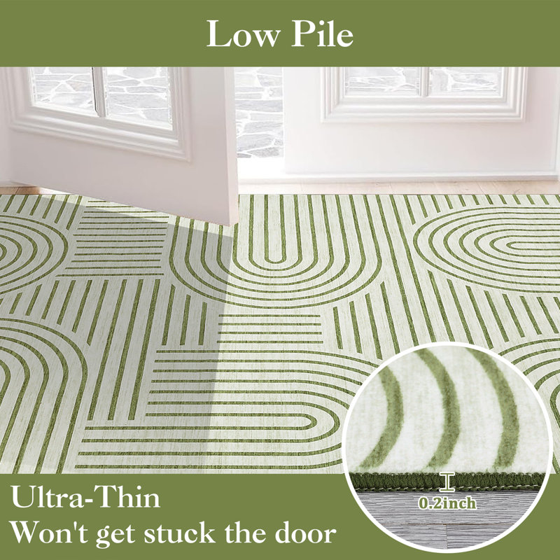 Washable Living Room Rug 4x6 Ft Modern Geometric Stripe Area Rug Non-Slip, Foldable Thin Low Pile Carpet for Bedroom Office, Soft Non Shedding Indoor Printed Mat, Green