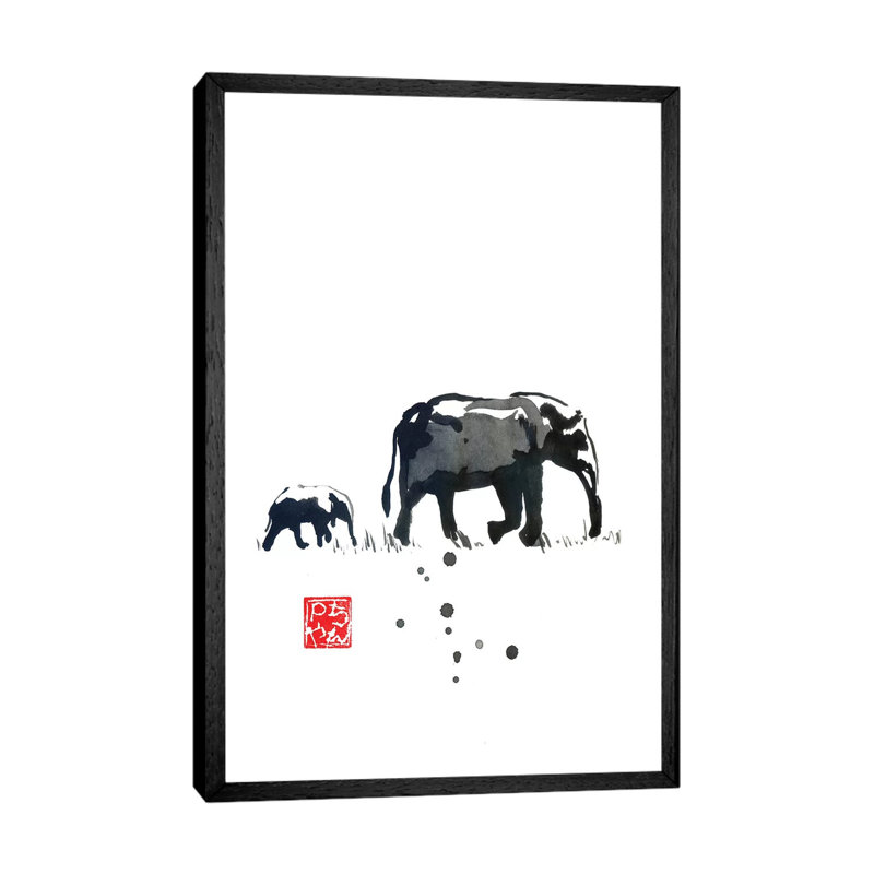 Elephant Family by Péchane - Painting on Canvas, Black Framed, 101.6 cm H x 66.04 cm W