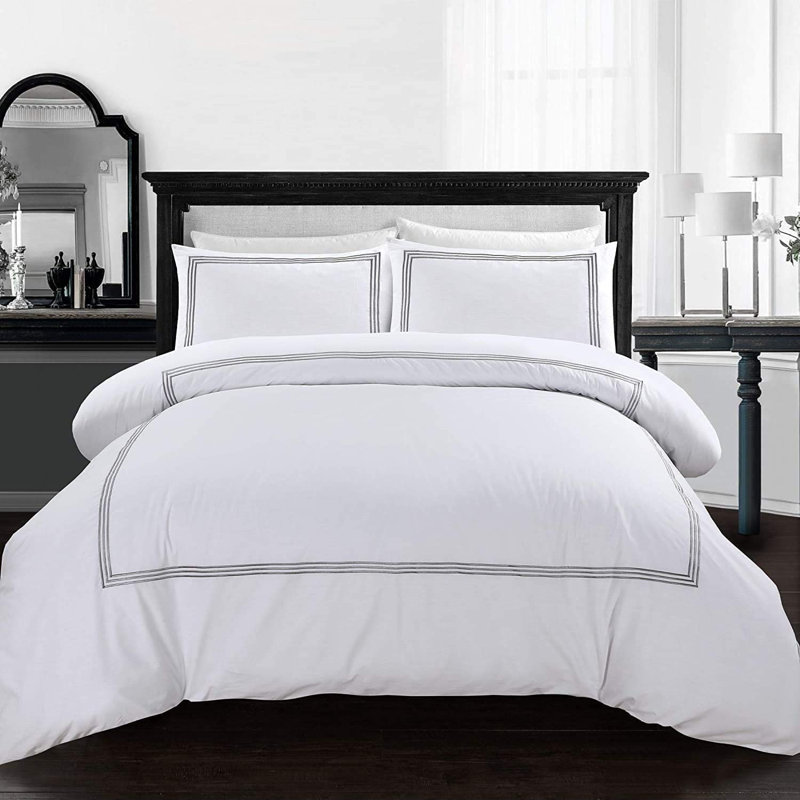 My Home Store Junco Duvet Cover Set Microfiber 3 Piece Luxury Bratta Stitch Duvet Cover Sets With Pillowcase, White/Grey