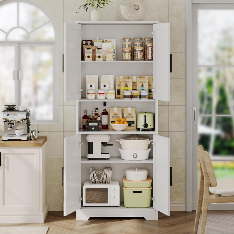 70 in Tall Kitchen Pantry Cabinet, Freestanding Storage Cabinet with 4 Doors and Adjustable Shelves, White