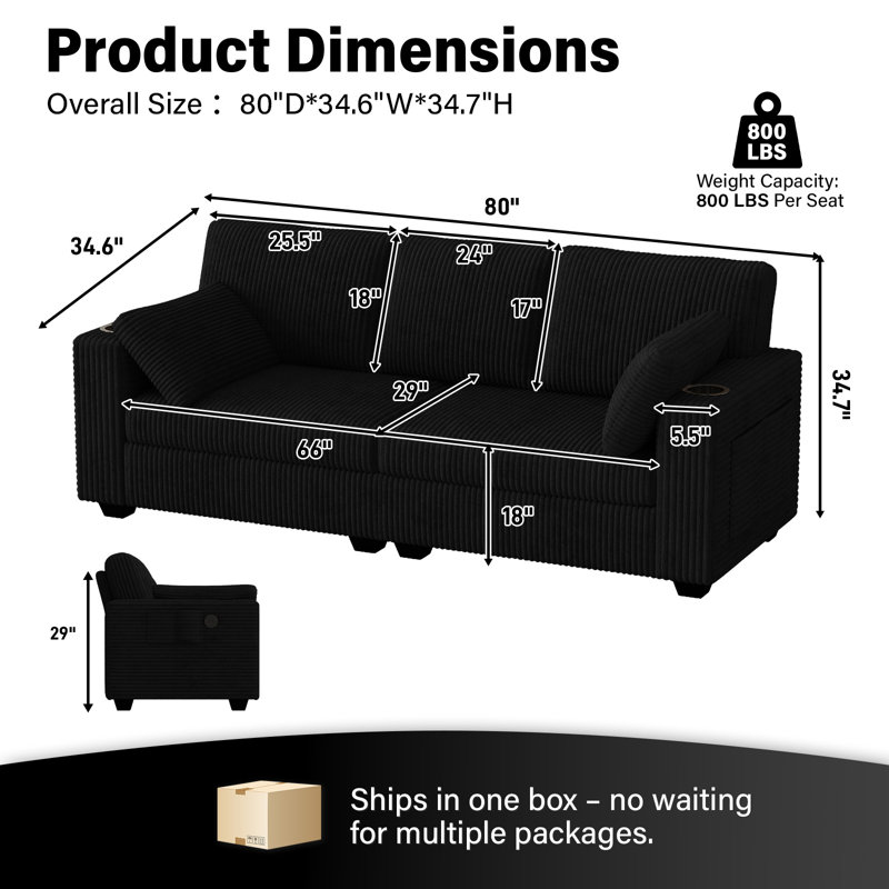 82"W Corduroy Sofa with Cup Holders, Storage Pockets and USB Ports  - Black Couch, Black