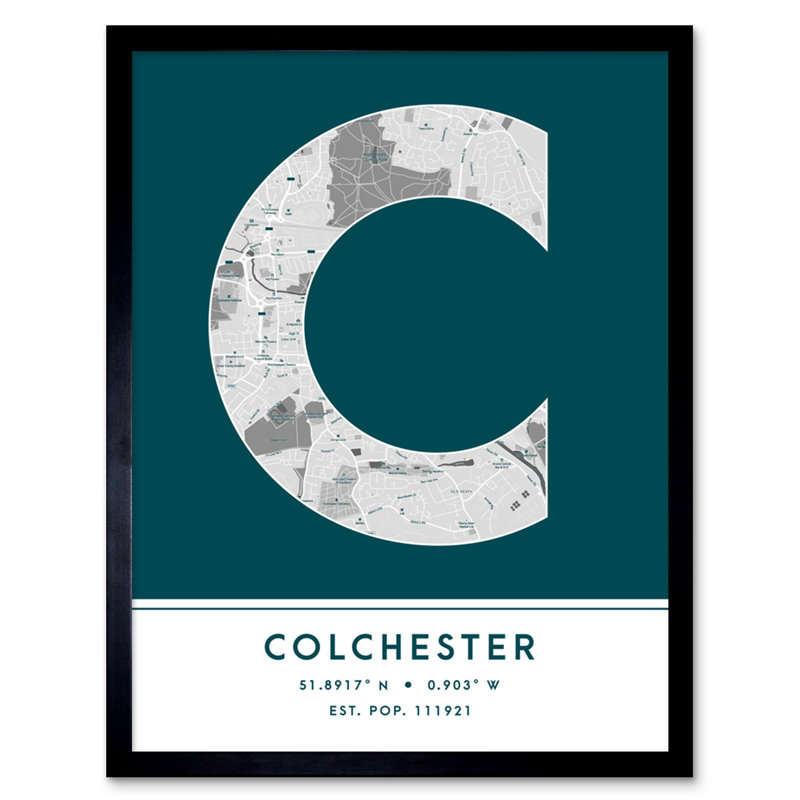 Colchester England United Kingdom City Map Teal 1 Piece Single Picture Frame Wall Art