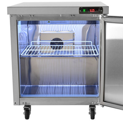 28-inch Stainless Steel Undercounter Refrigerator, 7.4 Cubic Feet, with Fan-Assisted Cooling and Lockable Single Door, Ideal for Food Preparation Areas and Bars