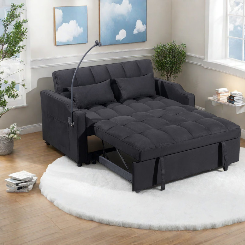 Multifunctional Modern Sofa Bed With Adjustable Black Suede For Home