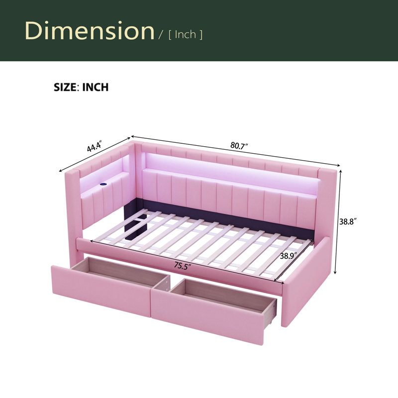 Lit plateforme tapissier simple avec ports USB et ceinture à DEL, avec 2 tiroirs, Rose