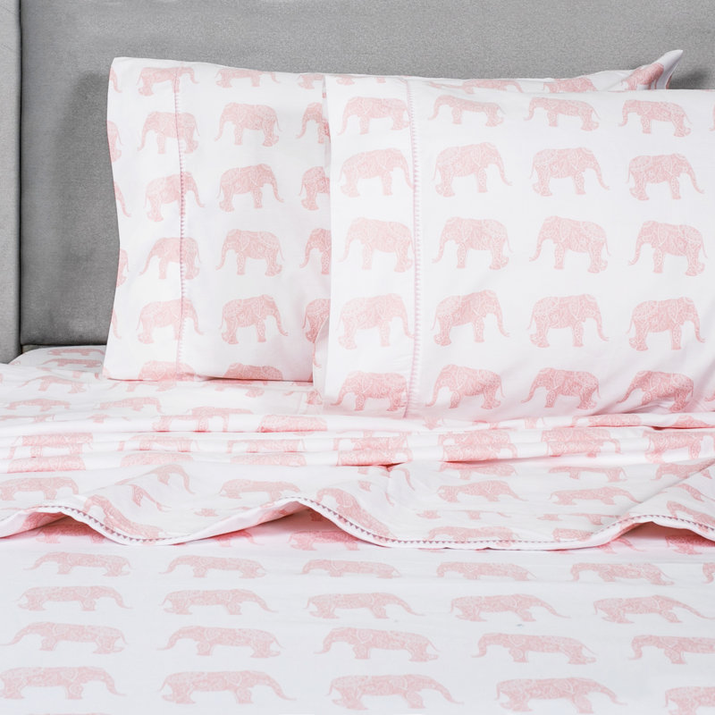 Elephant 100% Cotton Animal Print Sheet Set, Full/Double, Pink