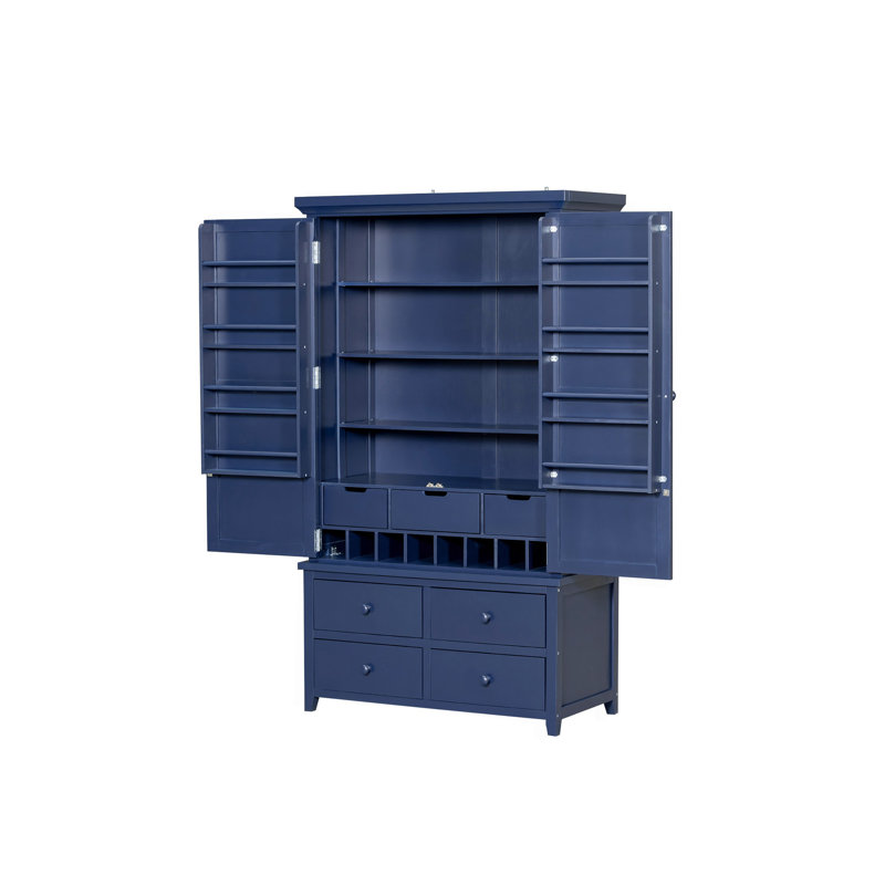Grande armoire de rangement autoportante en bois avec 8 portes, 3 tablettes réglables, 7 tiroirs et 8 casiers à vin, bleu