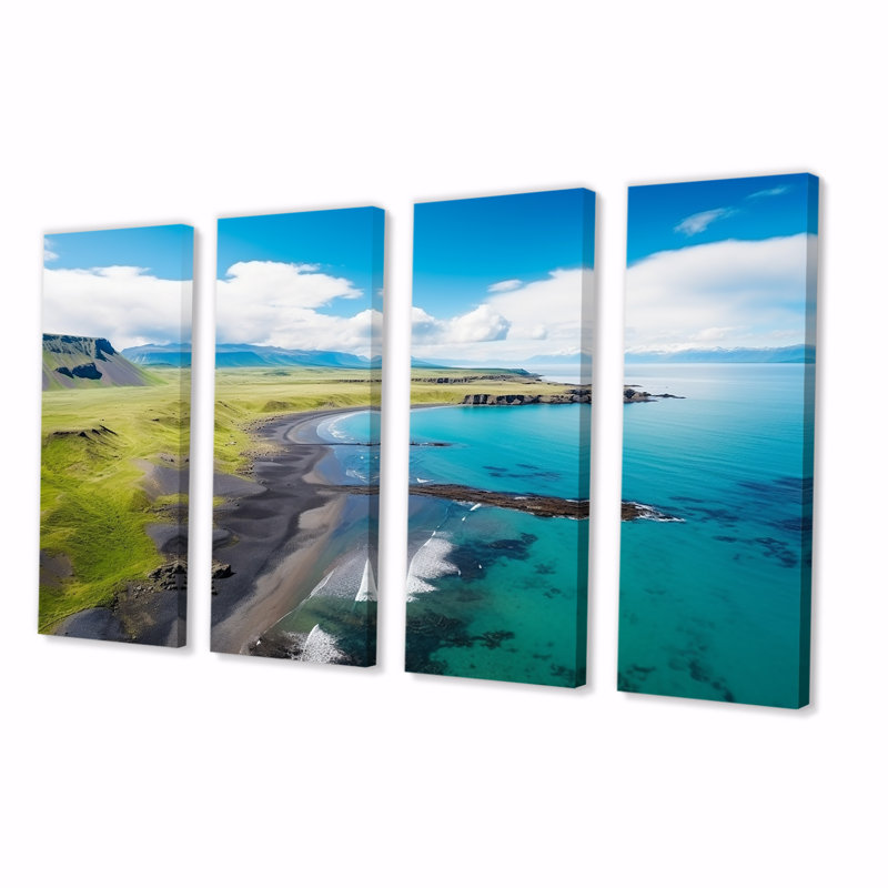 Vue aérienne de la plage en Islande III - plage et océan, ensemble de 4 décorations murales, H 28 po x l 48 po