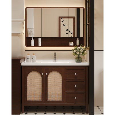 French Mid-Century Rubber Wood Bathroom Vanity with Ceramic Sink & Rattan Woven Panels