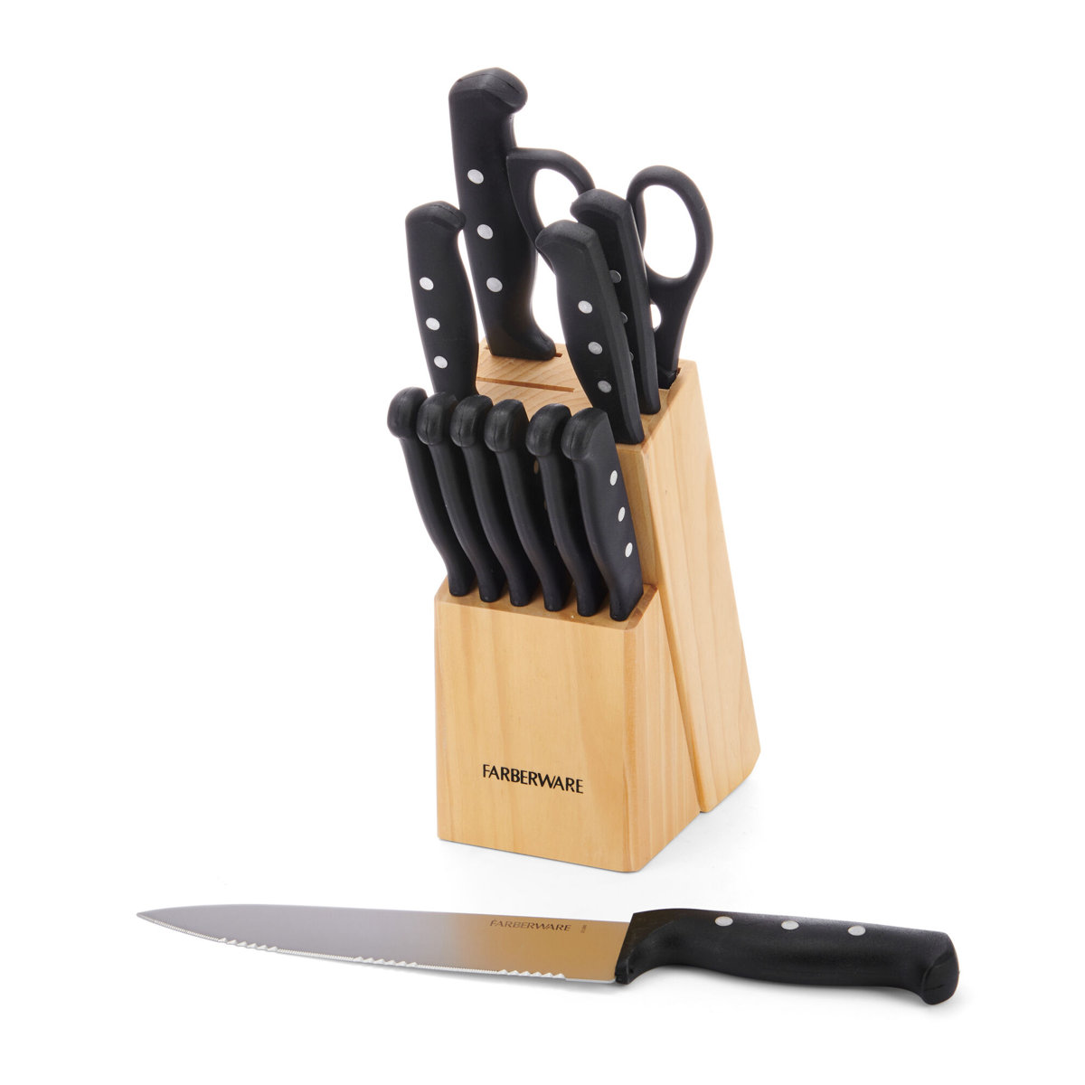 Farberware 22-Piece Never Needs Sharpening Triple Rivet Stainless Steel Knife Block and Kitchen Tool Set